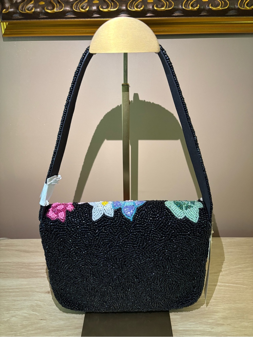 Beaded Floral Shoulder Bag - Black with Multicolor Flowers - Picture 2 of 7